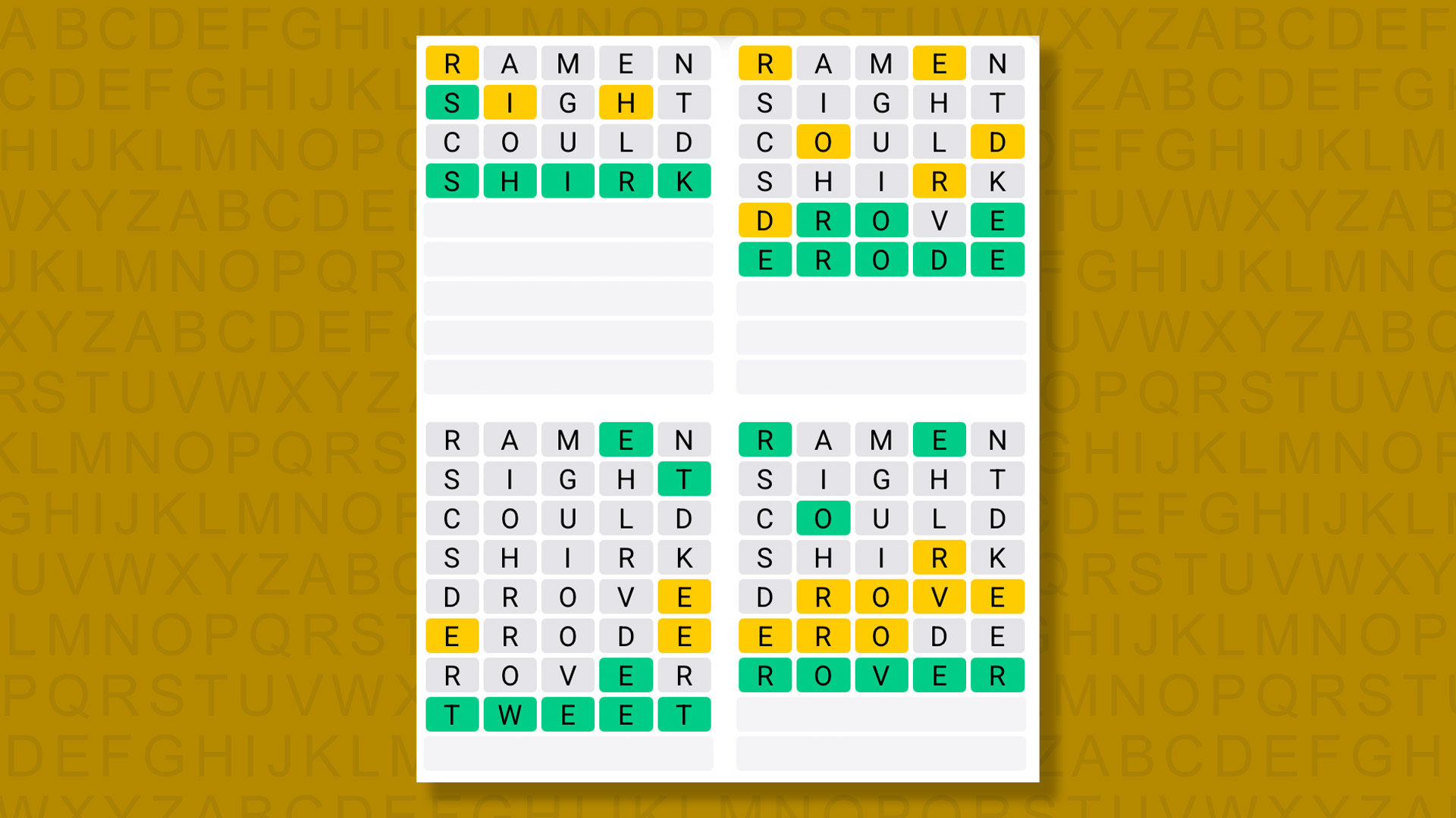 Quordle answers for game 1362 on a yellow background
