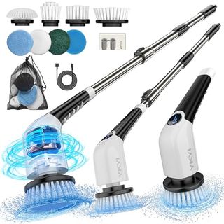 A motorized scrubbing brush set with eight head attachments and an extending, telescopic handle. 