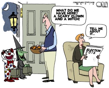 Political cartoon U.S. 2016 election Halloween costumes