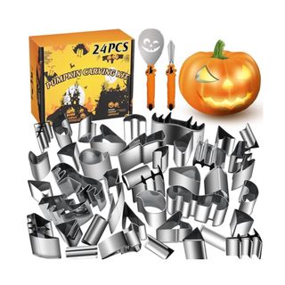 A set of Halloween pumpkin carving stainless steel cutters with a pumpkin and box