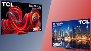 The TCL QM8L SQD Mini-LED TV and the QM8K Mini-LED TV side by side