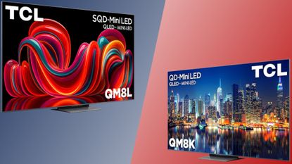 The TCL QM8L SQD Mini-LED TV and the QM8K Mini-LED TV side by side