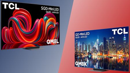 The TCL QM8L SQD Mini-LED TV and the QM8K Mini-LED TV side by side