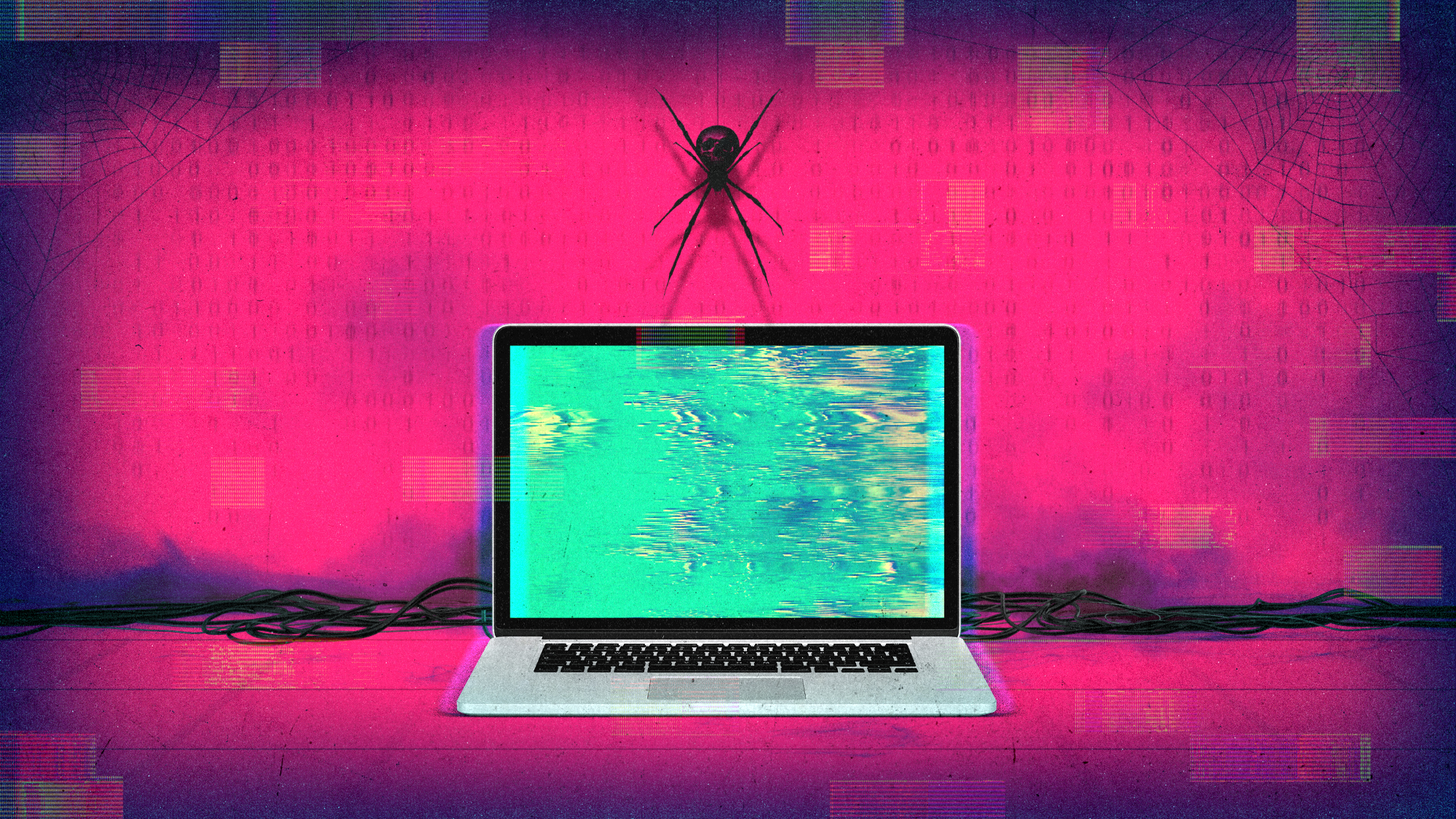 Photo composite of a spider hanging above a laptop computer 