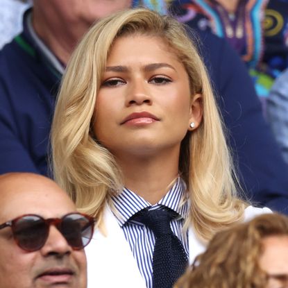Zendaya looks on during the Gentlemen's Singles Final between Novak Djokovic of Serbia and Carlos Alcaraz of Spain during day fourteen of The Championships Wimbledon 2024 at All England Lawn Tennis and Croquet Club on July 14, 2024 in London, England.