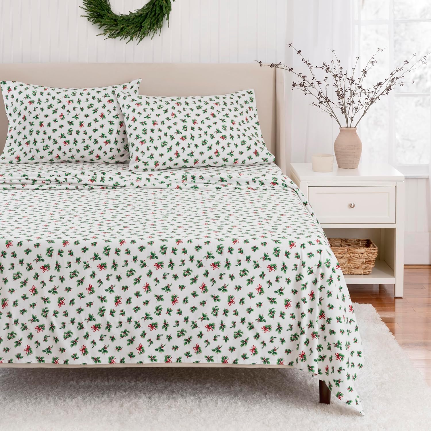 Martha Stewart Christmas Decor - 100% Cotton Flannel Printed 4 Piece Sheets, Holiday Boughs of Holly Red/green - 1 Flat Sheet, 1 Fitted Sheet, 1 Std Pillowcase, Twin Size