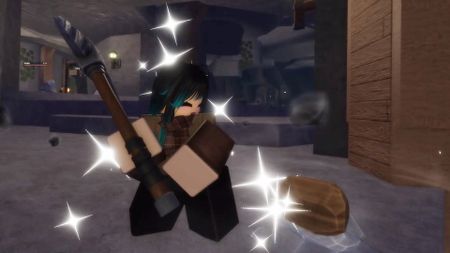 A Roblox player with long black and green hair holding a pickaxe in The Forge. There's shiny stars all around her as she uncovers a Stone.