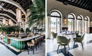 Two side-by-side interior photos of Four Seasons Hotel at The Surf Club, Miami, US. The first photo is of the bar area featuring white walls, dual coloured flooring, a green and white bar counter, light coloured chairs, green trees, hexagonal light fixtures and a central unit behind the bar with bottles of drinks on shelves. And the second photo is of a dining area featuring dual coloured flooring, arches with windows and doors leading to an outdoor area, a round table with a white tablecloth and tableware, green chairs and wall-mounted lighting
