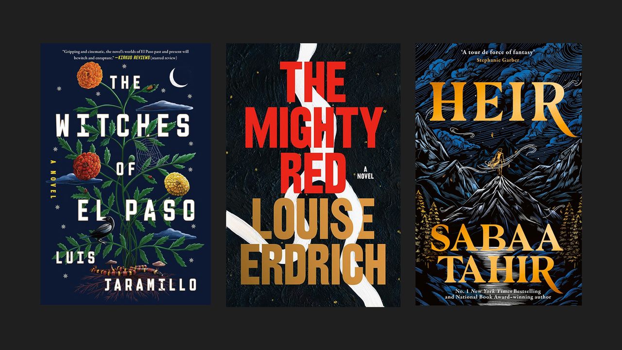 Book covers of &#039;The Witches of El Paso&#039; by Luis Jaramillo, &#039;The Mighty Red&#039; by Louise Erdrich, and &#039;Heir&#039; by Sabaa Tahir