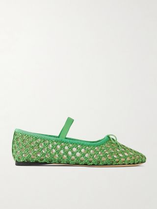 Leonie Grosgrain-Trimmed Raffia Mary Jane Ballet Flats