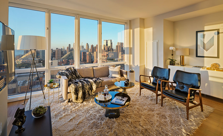 the lounge interior of an apartment in The Sky residential development in New York