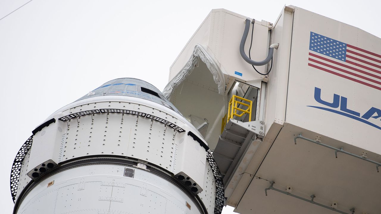 The crew access arm is seen after being moved into position for Boeing&rsquo;s CST-100 Starliner spacecraft atop a United Launch Alliance Atlas V rocket on the launch pad at Space Launch Complex 41 ahead of the Orbital Flight Test mission, Wednesday, Dec. 18, 2019 at Cape Canaveral Air Force Station in Florida.
