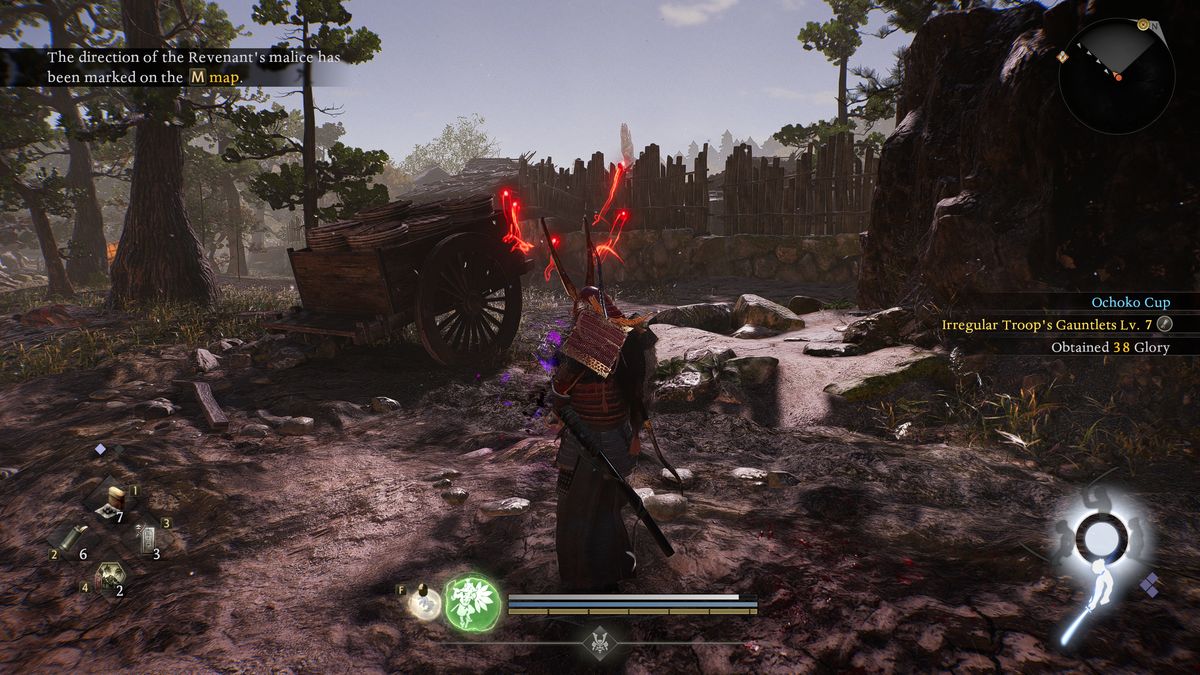 Nioh 3 Bloodedge Demon: A player looking at the red energy bolts from defeating a revenant flying off in a direction.