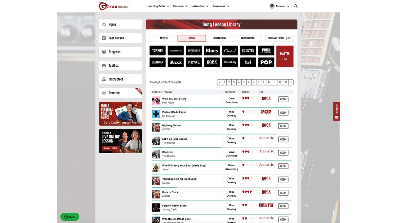 Guitar Tricks interface screen grabs