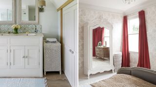 Compilation of a bathroom and a bedroom both with laundry baskets to show where experts say to keep your laundry basket
