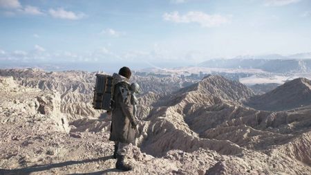 Death Stranding 2 prologue Sam standing on a mountain with lou strapped to his chest