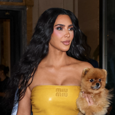 Kim Kardashian is seen leaving The Ritz-Carlton on August 14, 2024 in New York City wearing a mustard miu miu bandana top and her dog sushi