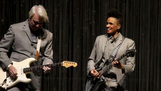 David Byrne and Angie Swan performing on the American Utopia tour