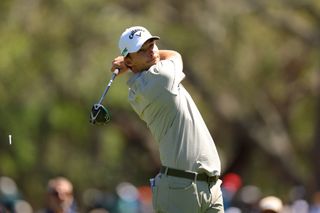 Nicolai Hojgaard hits his tee shot with a driver