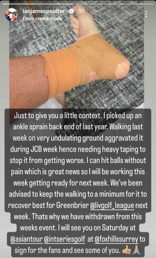 A screenshot of Ian Poulter's Instagram story regarding his injured ankle