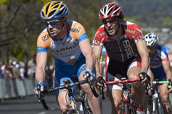 Chris Sutton (Garmin Slipstream) leads Ben Jacques-Maynes (Bissell) in the lead group that opened up a sizeable gap on the peloton.