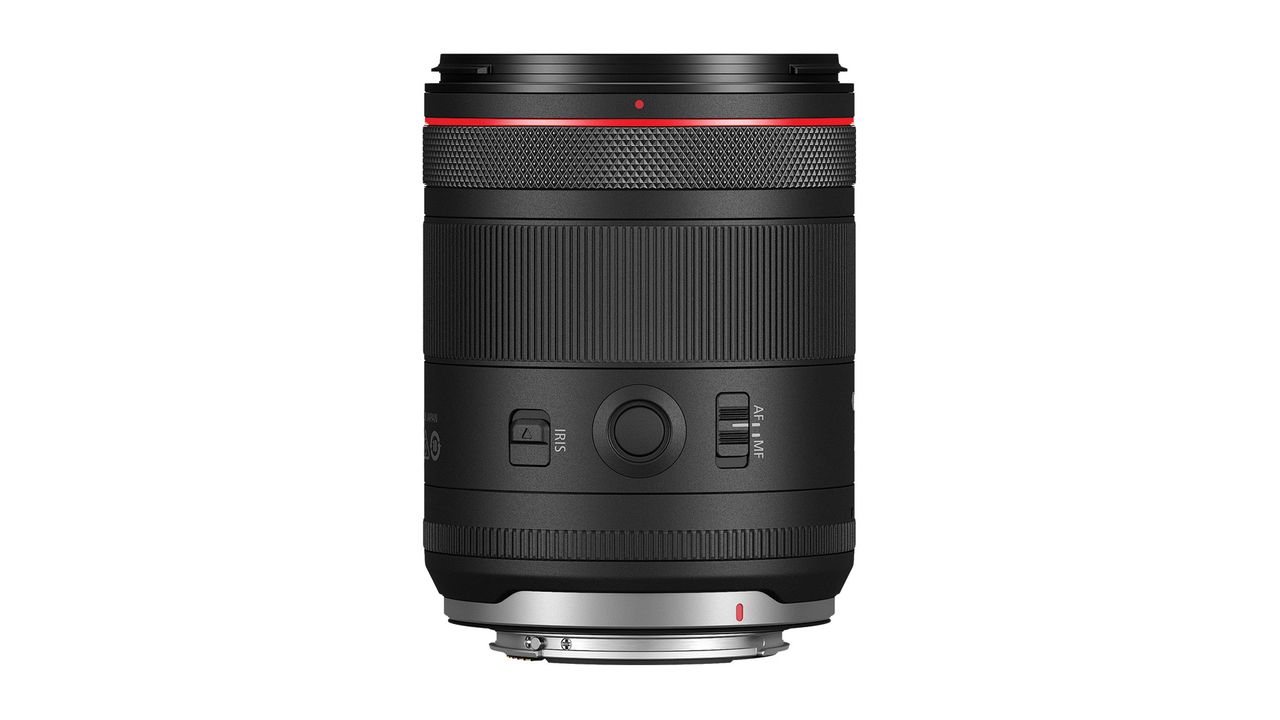 The Canon RF 20mm f/1.4 L VCM on a white background