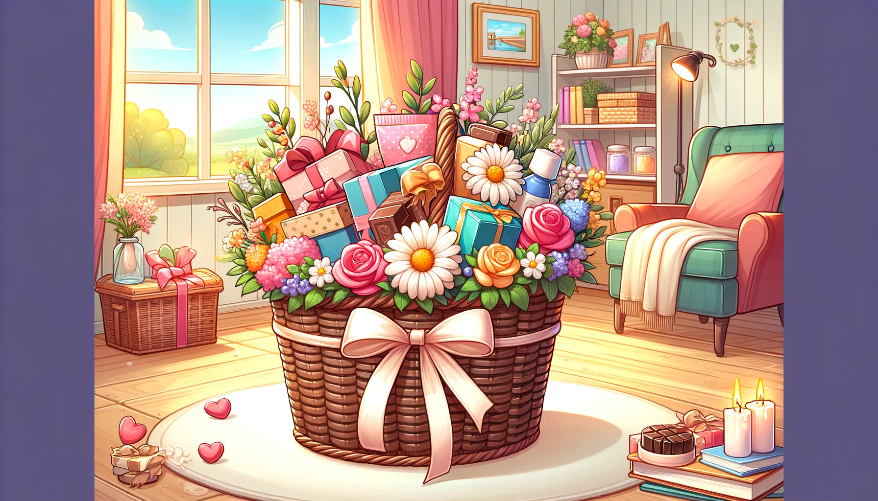  an image featuring a beautifully decorated hamper filled with gifts like flowers, chocolates, spa products, and small tokens of appreciation 