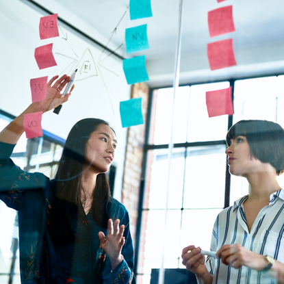 Two women discuss work in a conference room, using note cards and a clear glass board. 