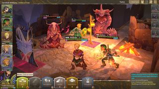 Five party members in Wildermyth fight monsters in the dark, lit by a nearby campfire