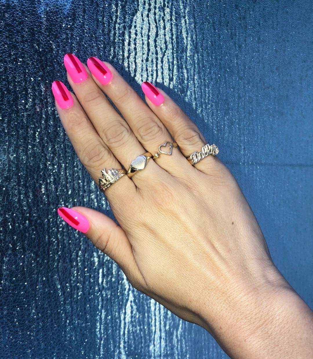 An image of neon, color-blocked nails.