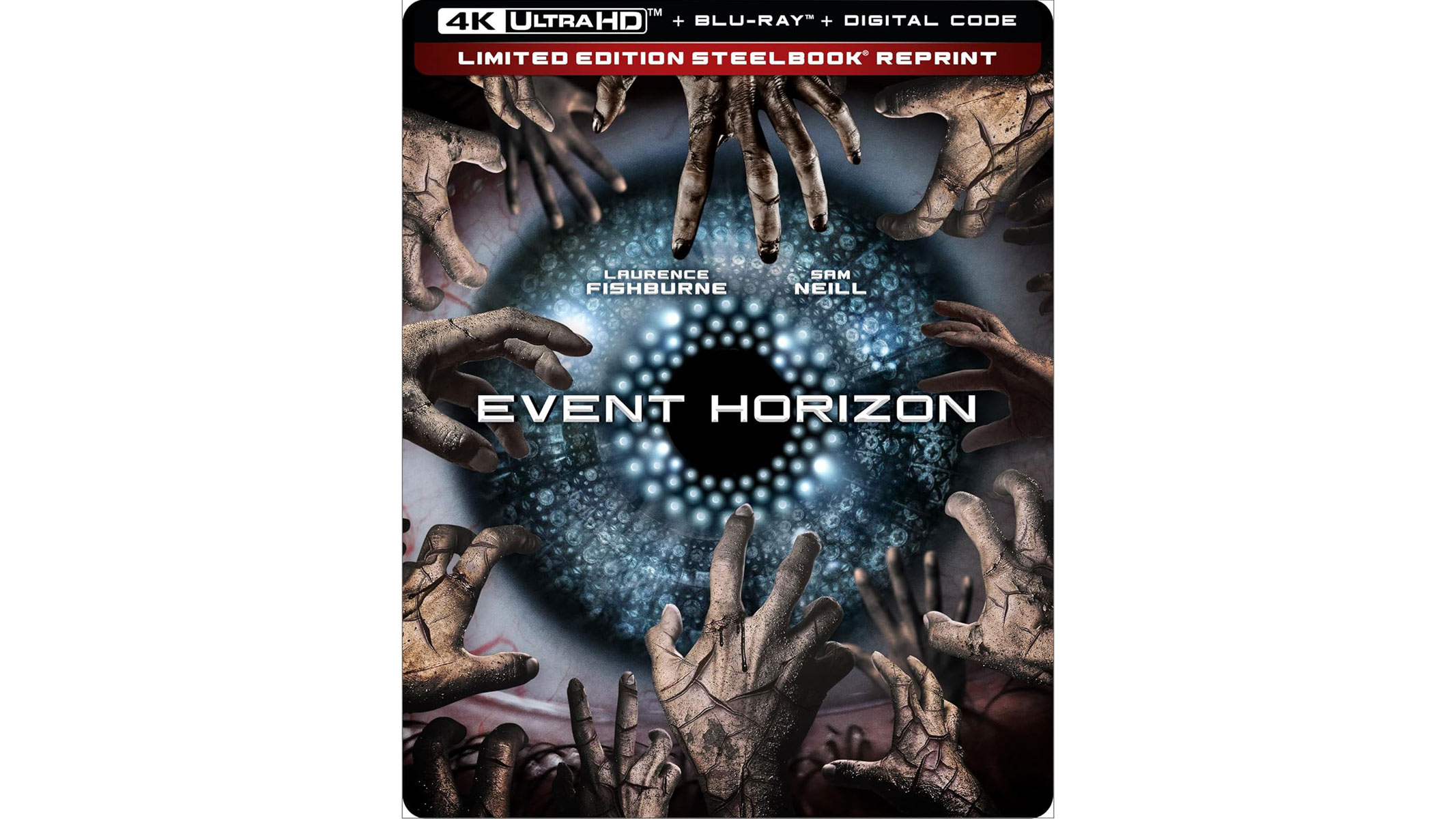 A picture of an eye is surrounded by hands reaching into the center, all on a white background.