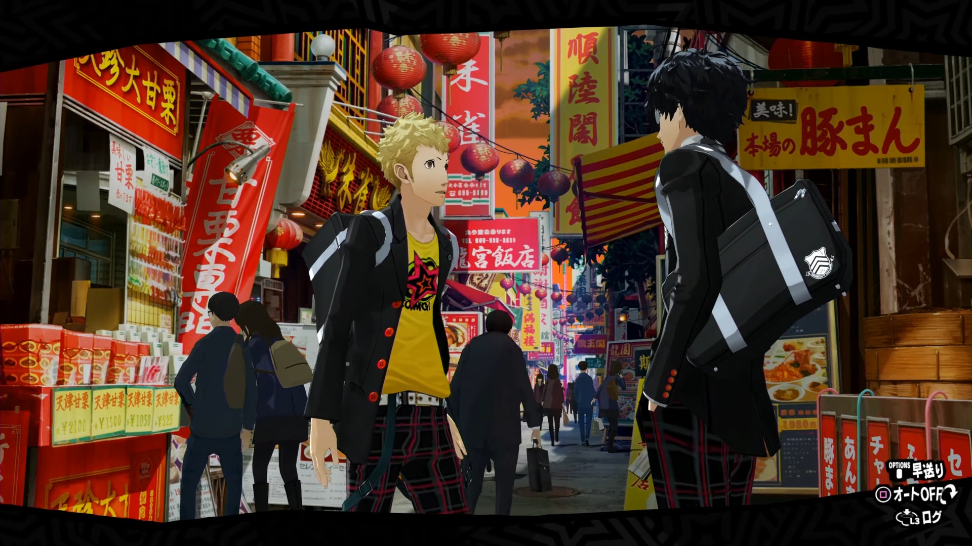 Joker chatting to Ryuji Sakamoto in the city streets of Tokyo during the RPG Person 5, Royal.