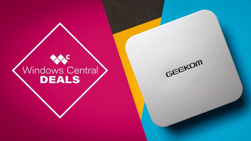 A graphic that reads &quot;Windows Central Deals on the left of the screen with a Geekom mini PC on the right of the screen. 