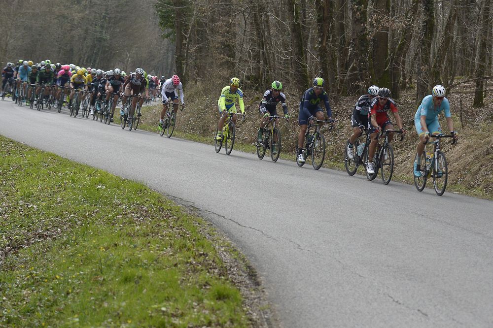 The pack rides during the second stage of the 73rd edition of the Paris-Nice cycling race, between the Beauval zoo in Saint-Aignan and Saint-Amand-Montrond.