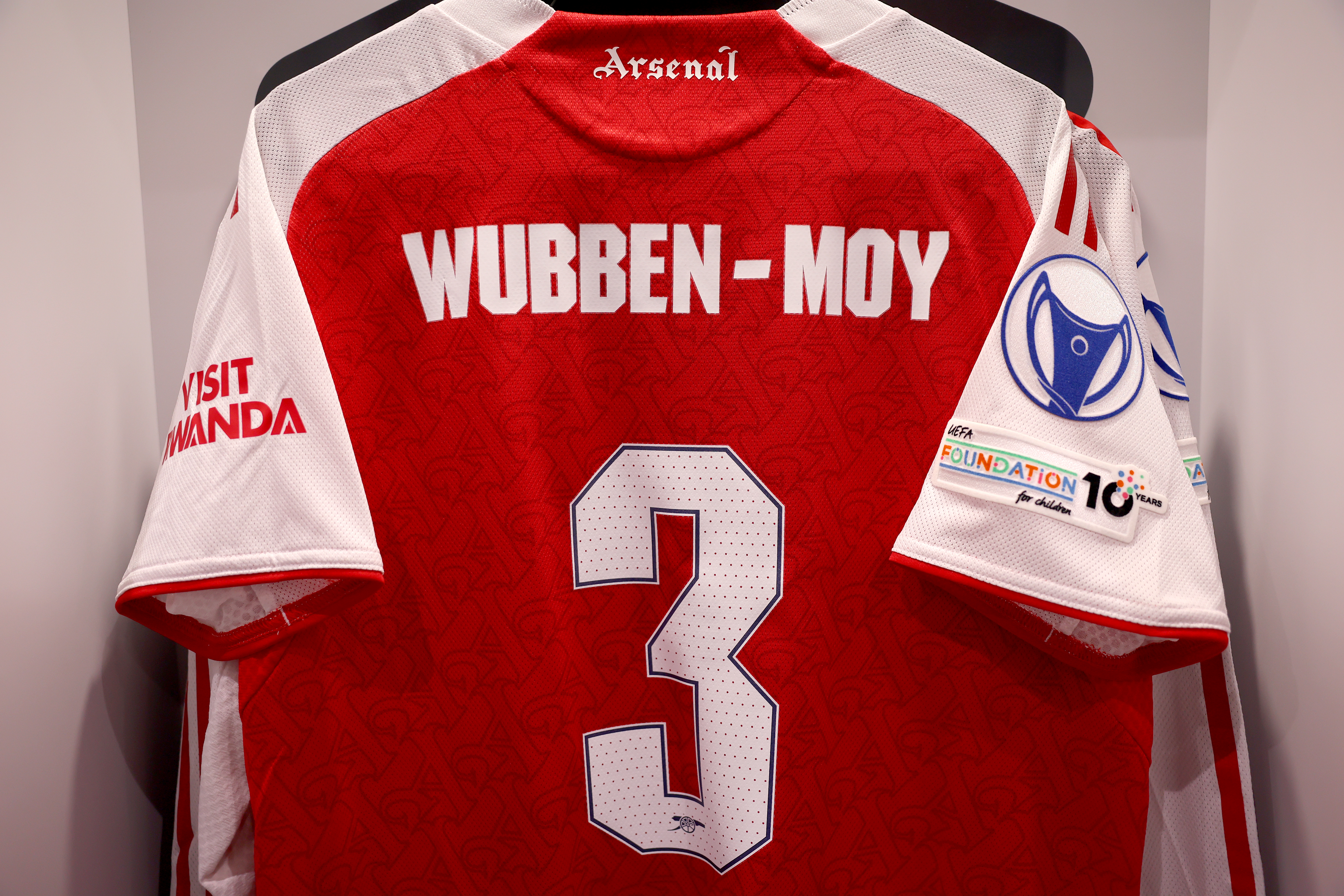 BOREHAMWOOD, ENGLAND - FEBRUARY 18: The shirt of Lotte Wubben-Moy is displayed inside the Arsenal dressing room prior to the UEFA Women's Champions League 2025/26 KO play-offs Second Leg match between Arsenal Women FC and OH Leuven at Meadow Park on February 18, 2026 in Borehamwood, England.
