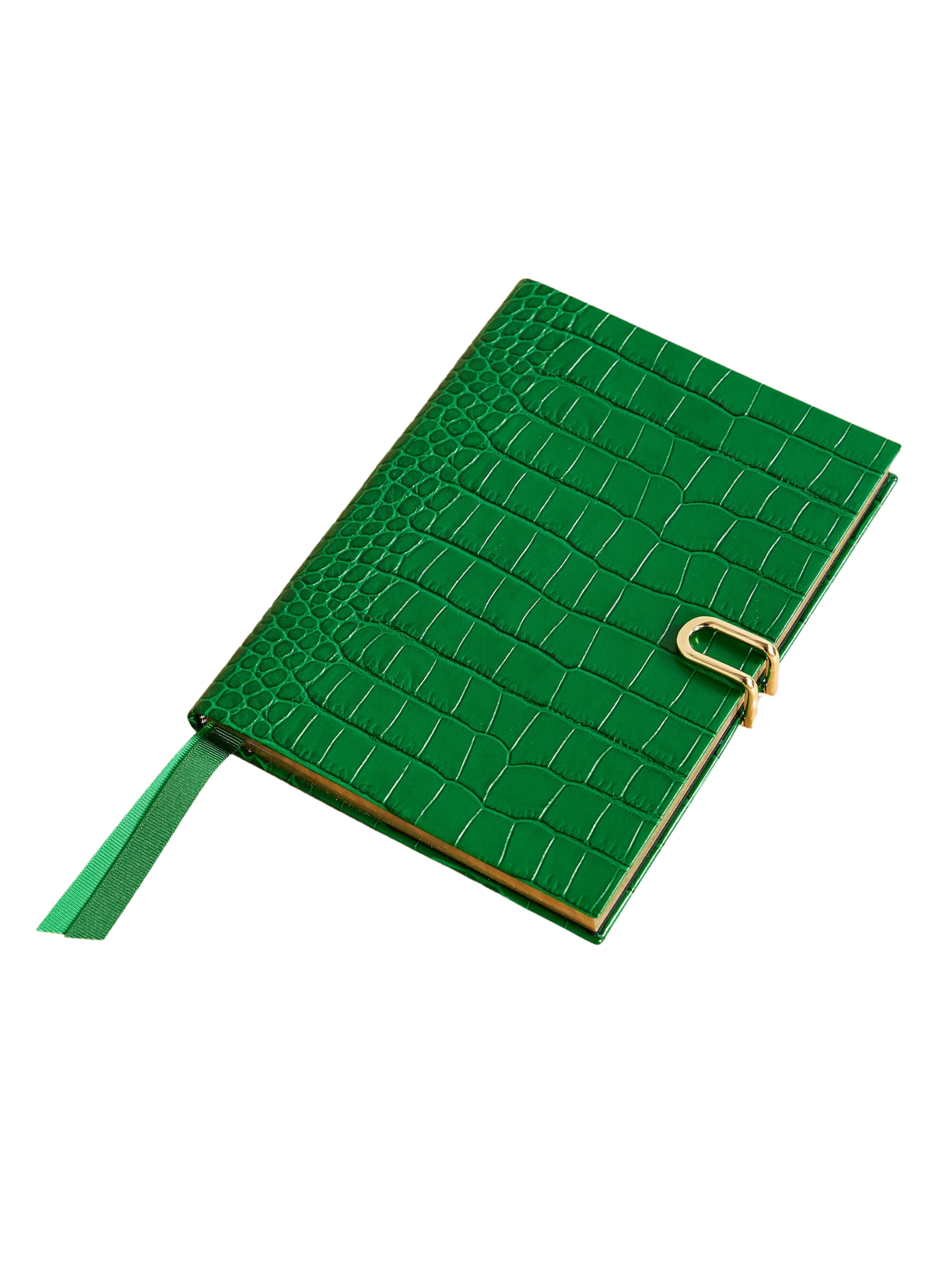 A crocodile green leather agenda with golden clutch.