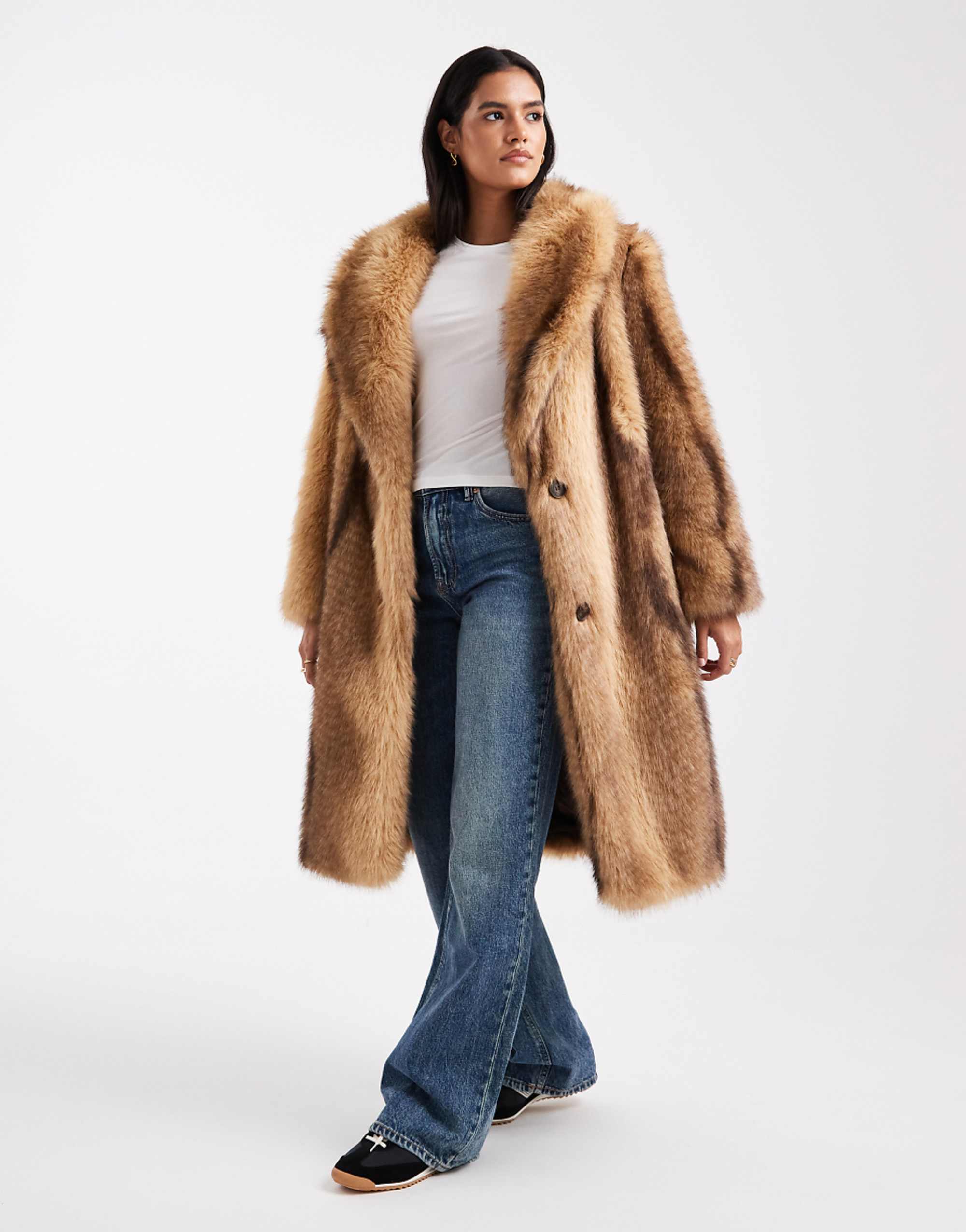 Asos Design Midi Faux Fur Coat in Orange Stripes