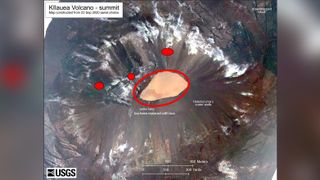 Shortly after approximately 9:30 p.m. HST, an eruption commenced at the summit of Kīlauea Volcano. Red spots are the approximate locations of fissure vents feeding lava flowing into the bottom of Halema‘uma‘u crater. The water lake at the base of Halema‘uma‘u crater has been replaced with a growing lava lake.