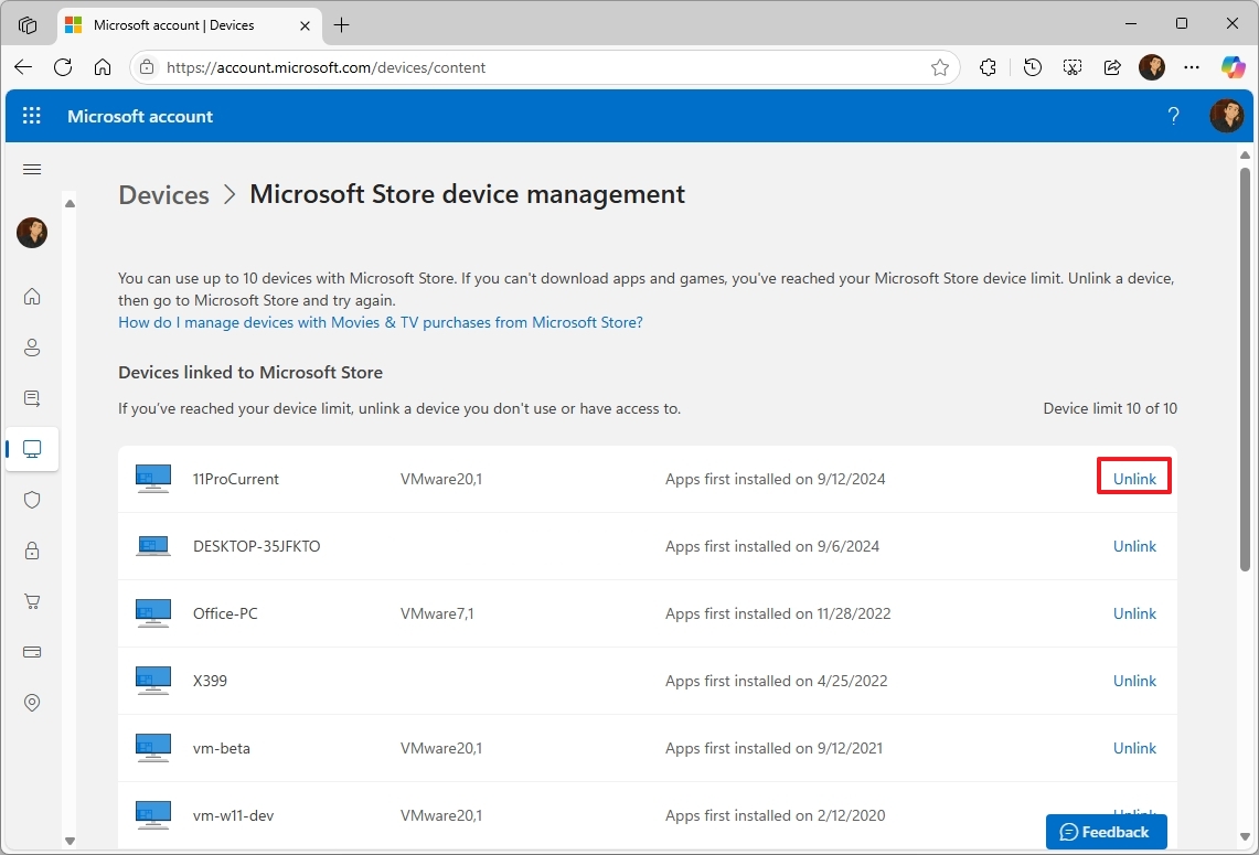Microsoft Store unlink PC from Store