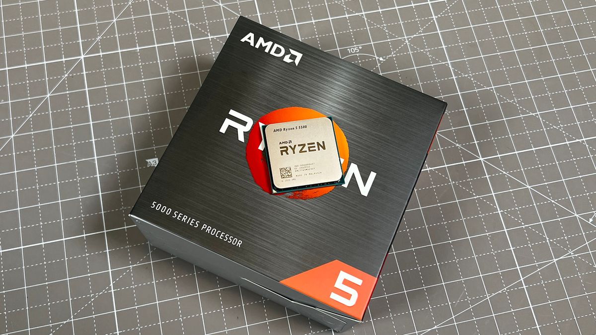 An AMD Ryzen 5 5500 sitting on its retail packaging