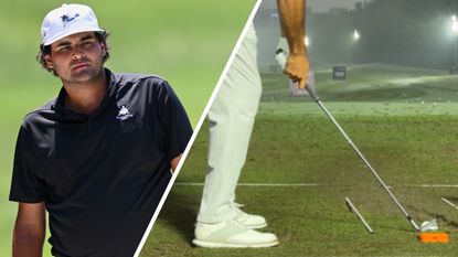 Eugenio Chacarra hits a shot with a close up of his training aid