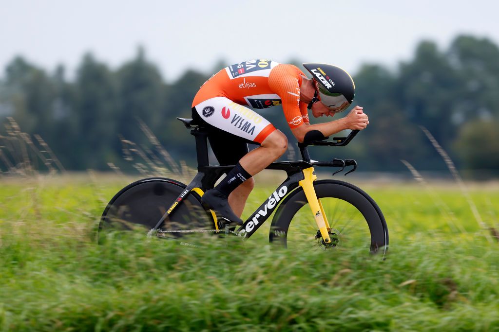 SLUIS NETHERLANDS AUGUST 24 Olav Kooij of The Netherlands and Team JumboVisma Red Best Young Rider Jersey sprints during the 19th Renewi Tour 2023 Stage 2 a 136km individual time trial stage from Sluis to Sluis on August 24 2023 in Sluis Netherlands Photo by Bas CzerwinskiGetty Images