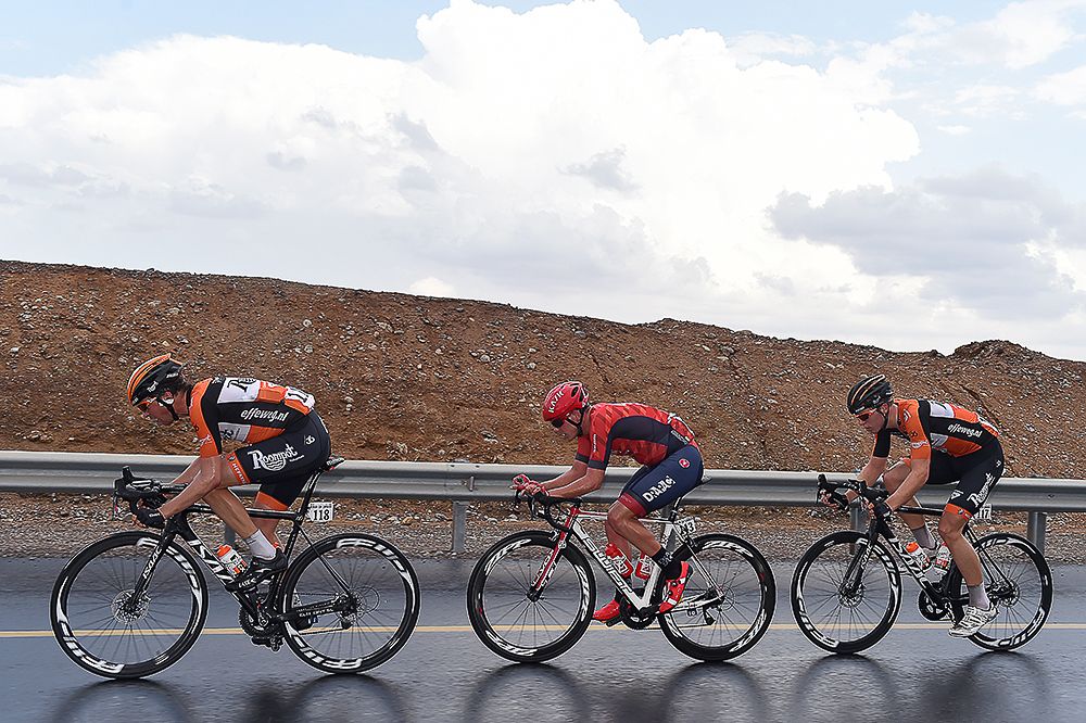 The breakaway on wet roads during stage 2 in Oman.
