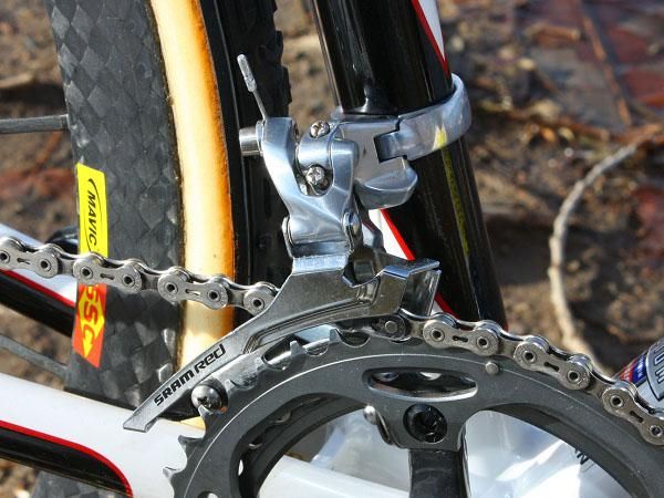 The SRAM 'Red' front derailleur uses a stiffer steel cage borrowed from the Force model.