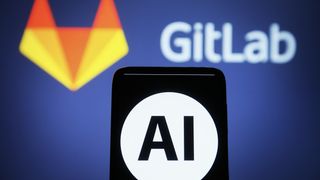 Phone with AI symbol on screen in front of GitLab branding