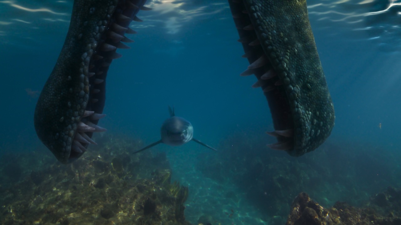 『恐竜』の水中で顎を開いた恐竜