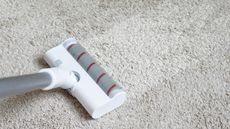 Cordless vacuum cleaner floorhead on gray carpet