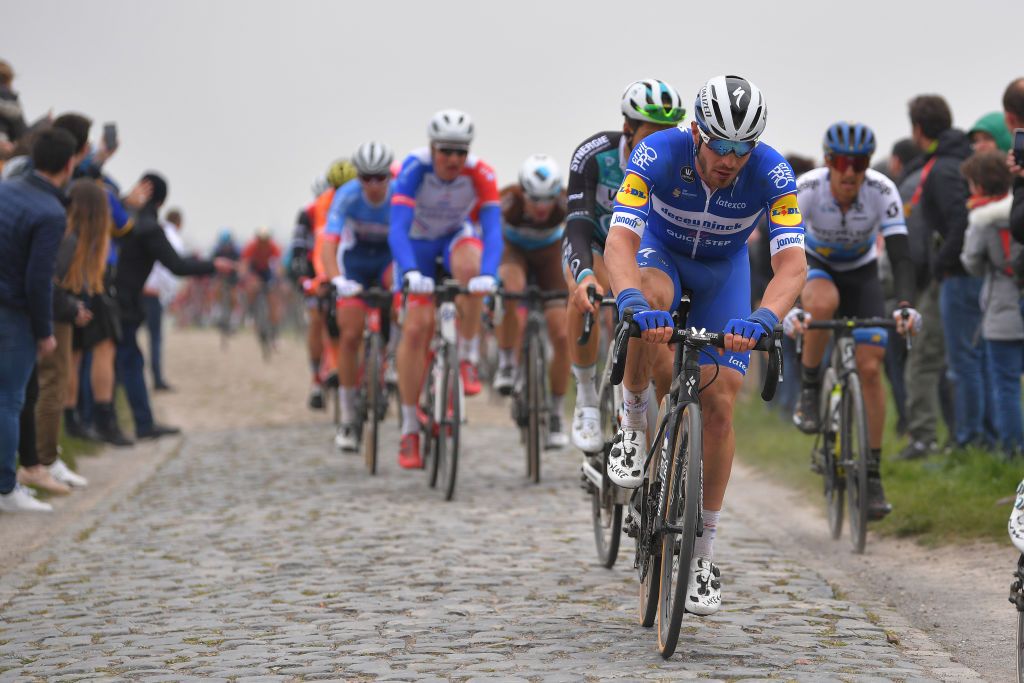 ROUBAIX FRANCE APRIL 14 Florian Senechal of France and Team DeceuninckQuickStep Cobblestones Fans Public during the 117th ParisRoubaix a 257km race from Compigne to Roubaix ParisRoubaix ParisRoubaix PRBX LEnfer du Nord on April 14 2019 in Roubaix France Photo by Tim de WaeleGetty Images