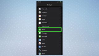 Screenshot of the settings menu with 'Phone' highlighted with a green box. 