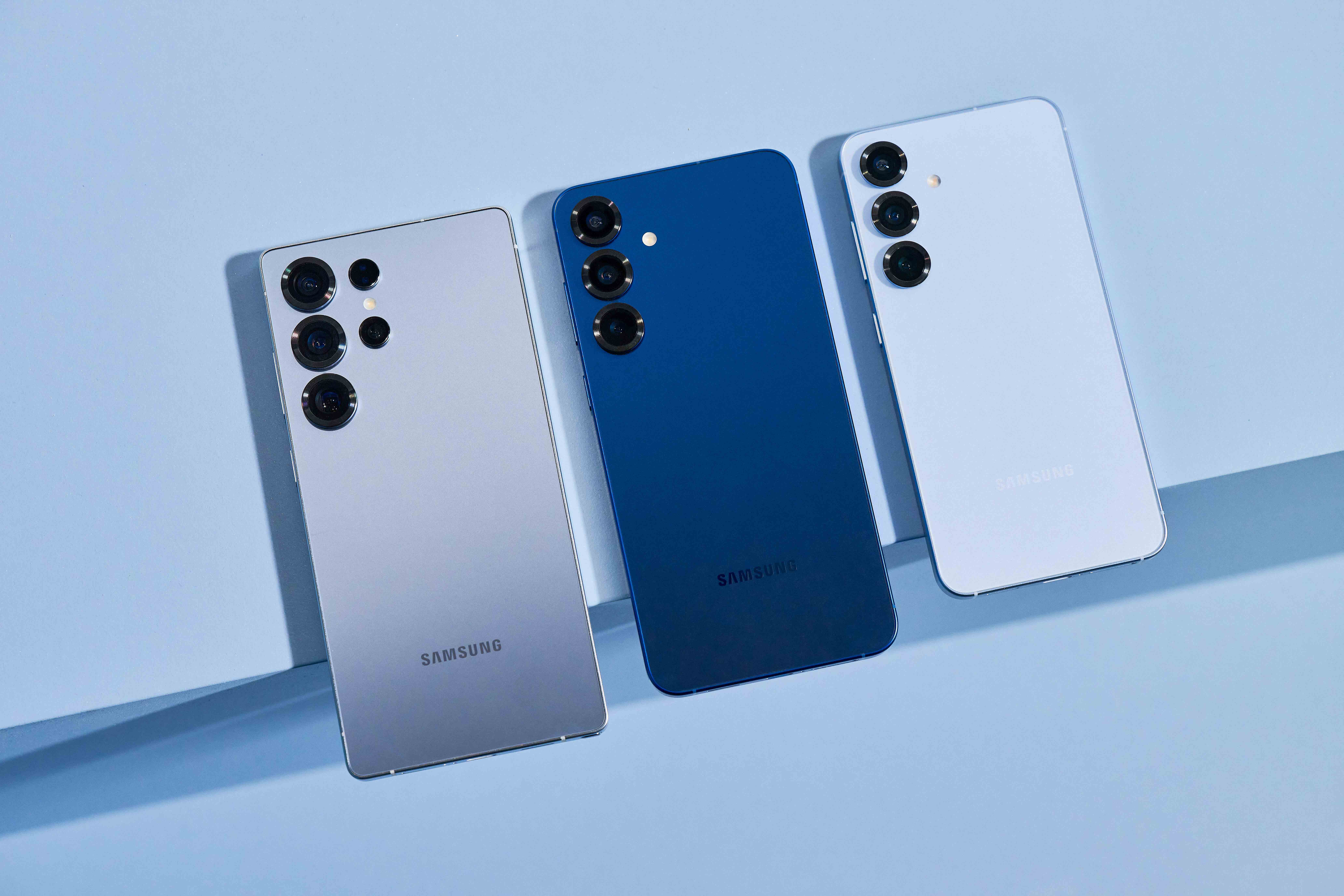 A lineup of Samsung Galaxy S25 Ultra smartphones.